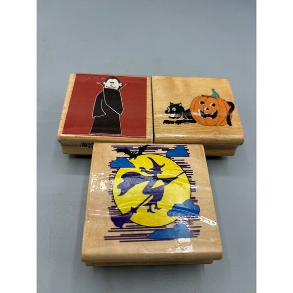 3 Halloween Rubber Stamp Witch Dracula Cat Pumpkin Canadian Maple Collections - Picture 1 of 7